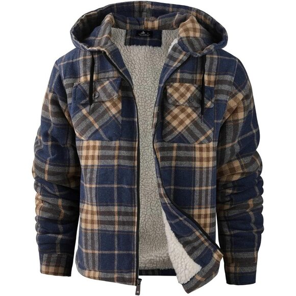 Men's Blue Orange Fleece Sherpa Lined Plaid Jackets Full Zip Up Hoodie Outwear - Picture 6 of 6